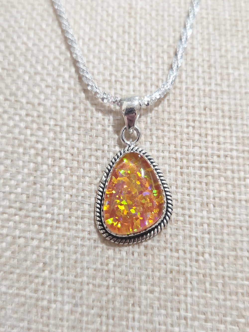 Sterling Silver Orange Aurora Opal Teardrop Pendant Necklace
